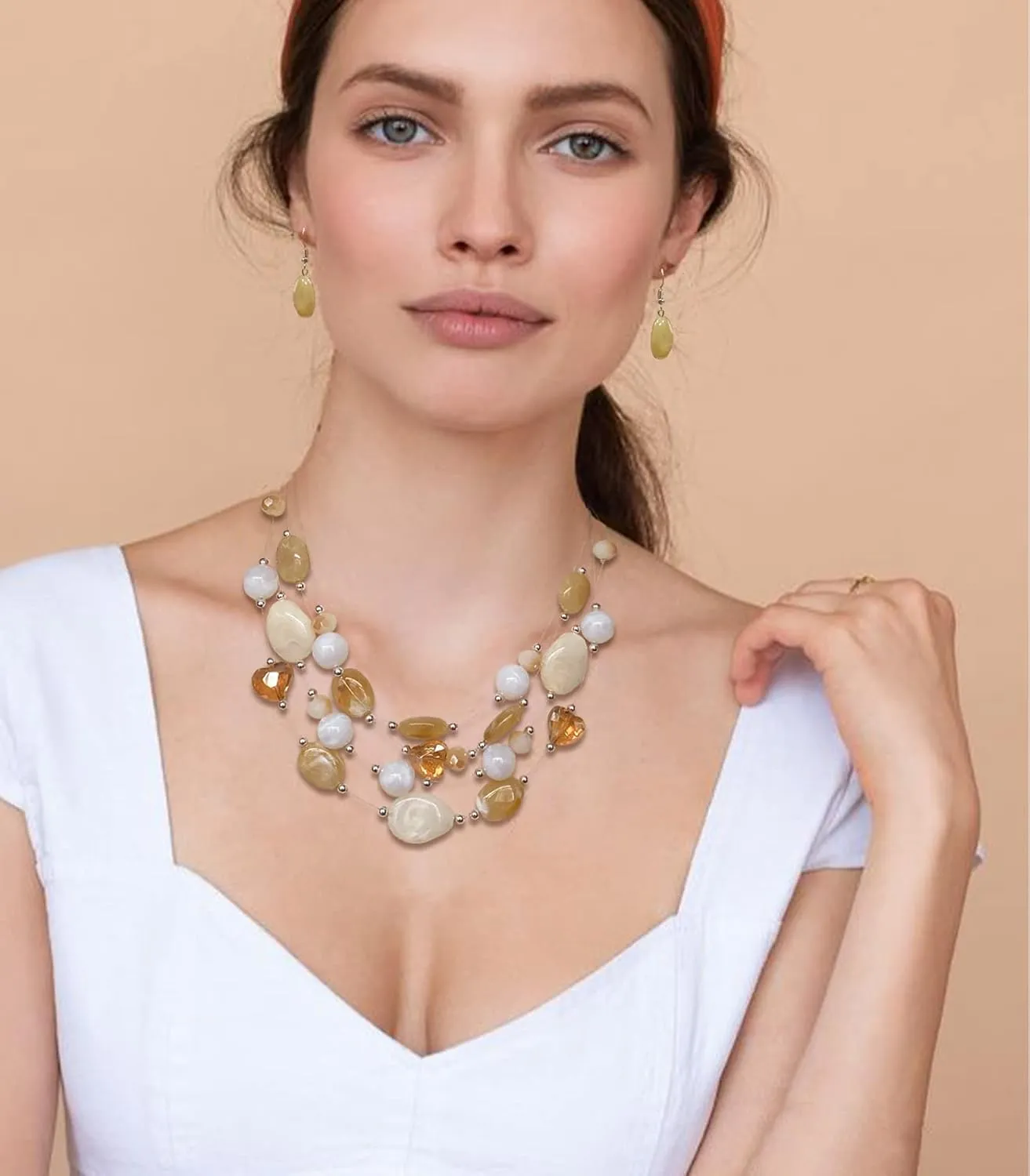 Layered Chunky Beaded Necklace for Women Colorful Multi-Layer Statement Necklace and Earrings Set Gift for Her