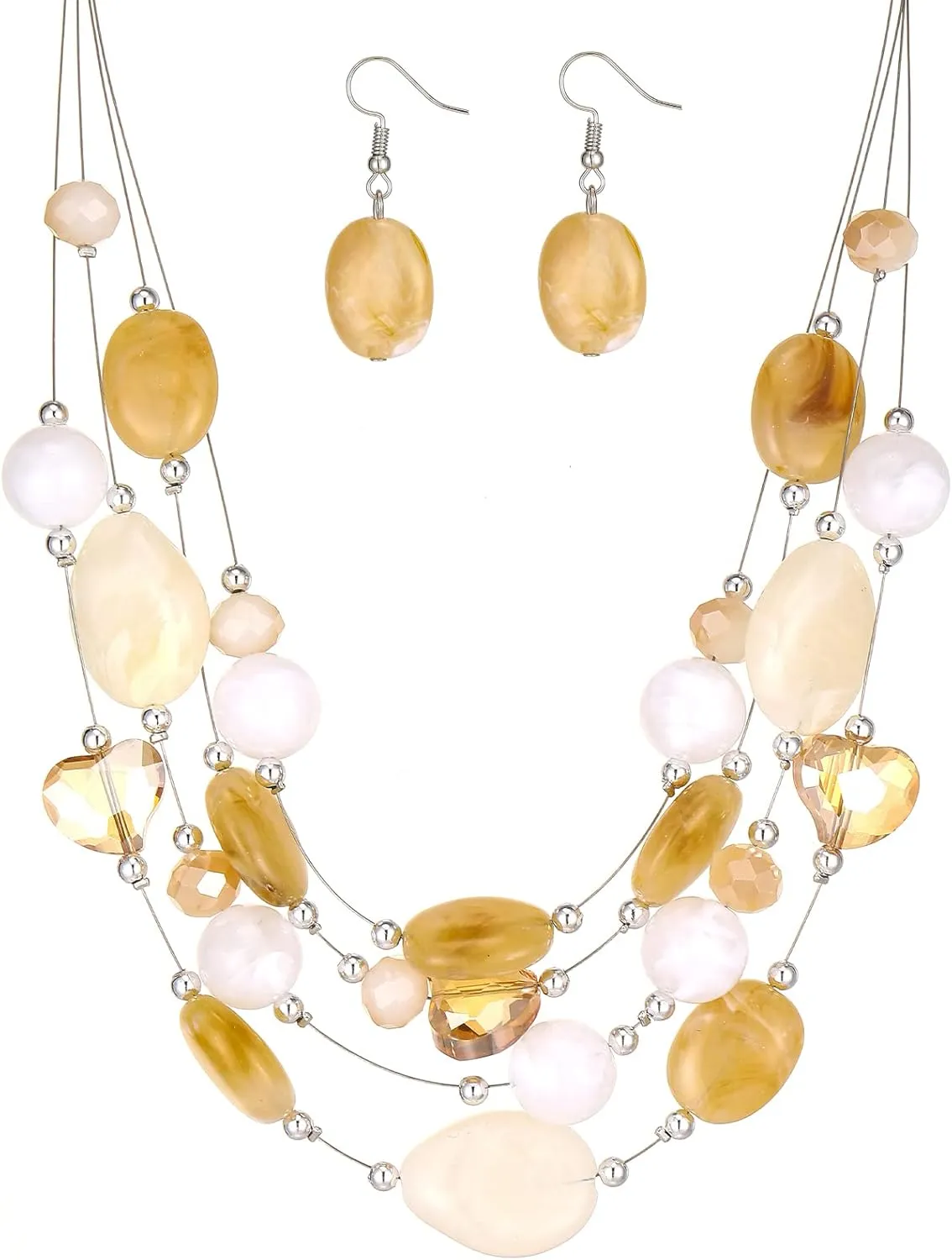 Layered Chunky Beaded Necklace for Women Colorful Multi-Layer Statement Necklace and Earrings Set Gift for Her