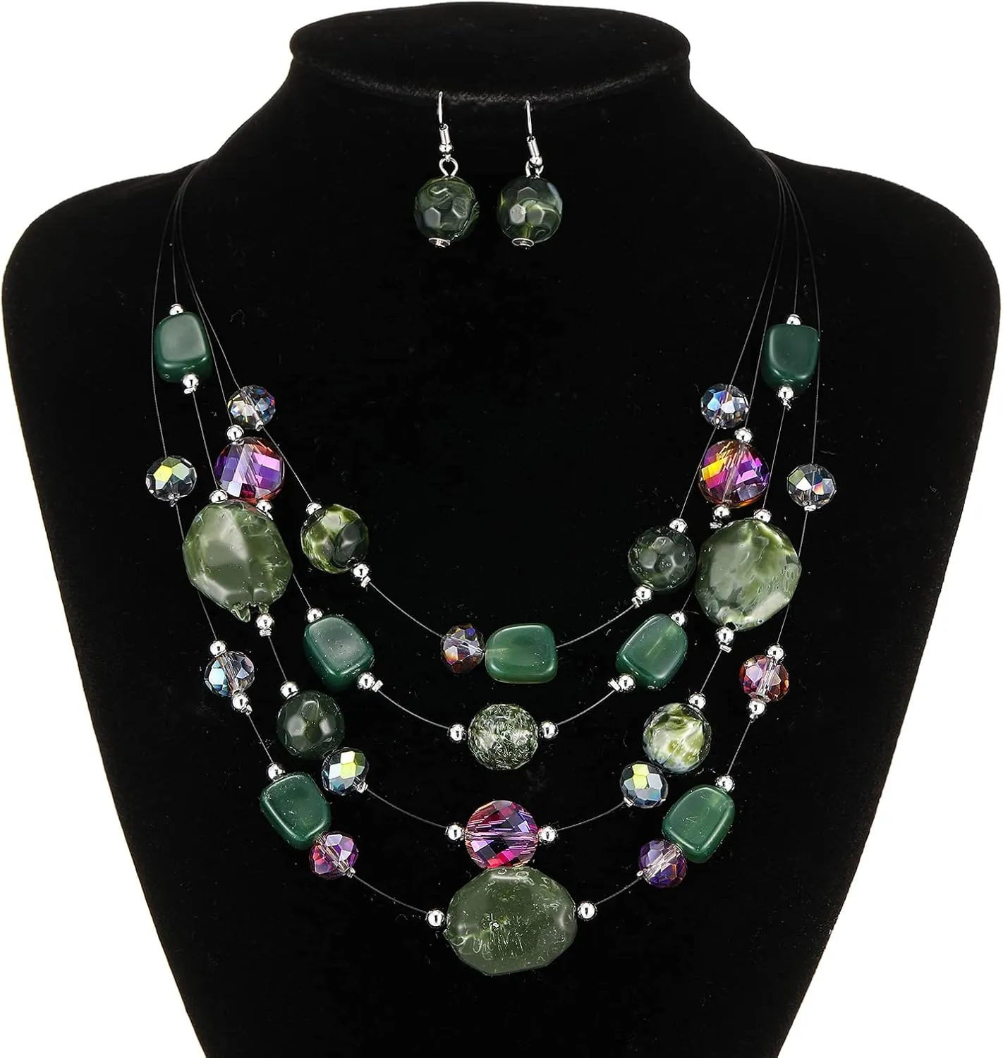 Layered Chunky Beaded Necklace for Women Colorful Multi-Layer Statement Necklace and Earrings Set Gift for Her