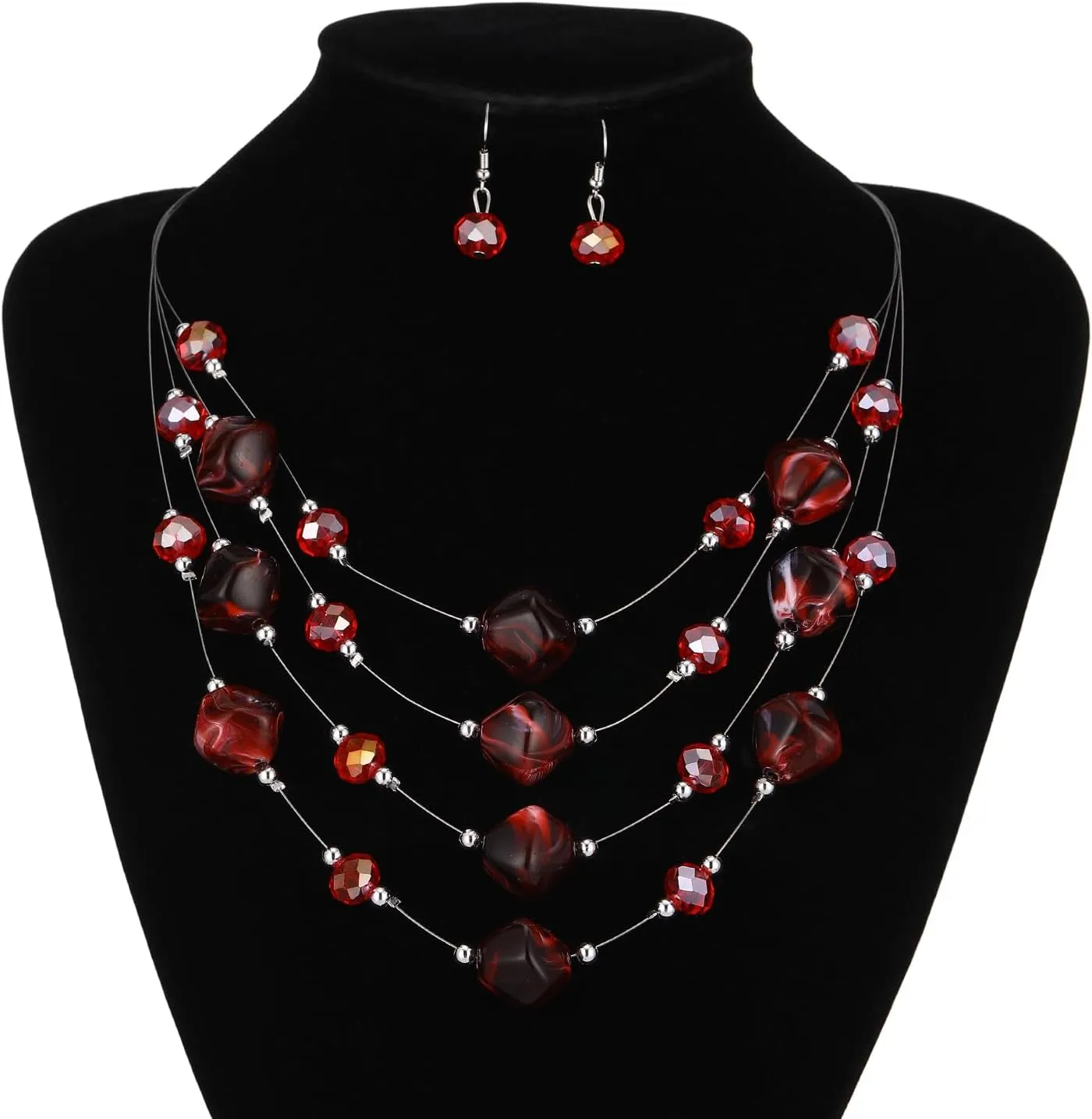 Layered Chunky Beaded Necklace for Women Colorful Multi-Layer Statement Necklace and Earrings Set Gift for Her