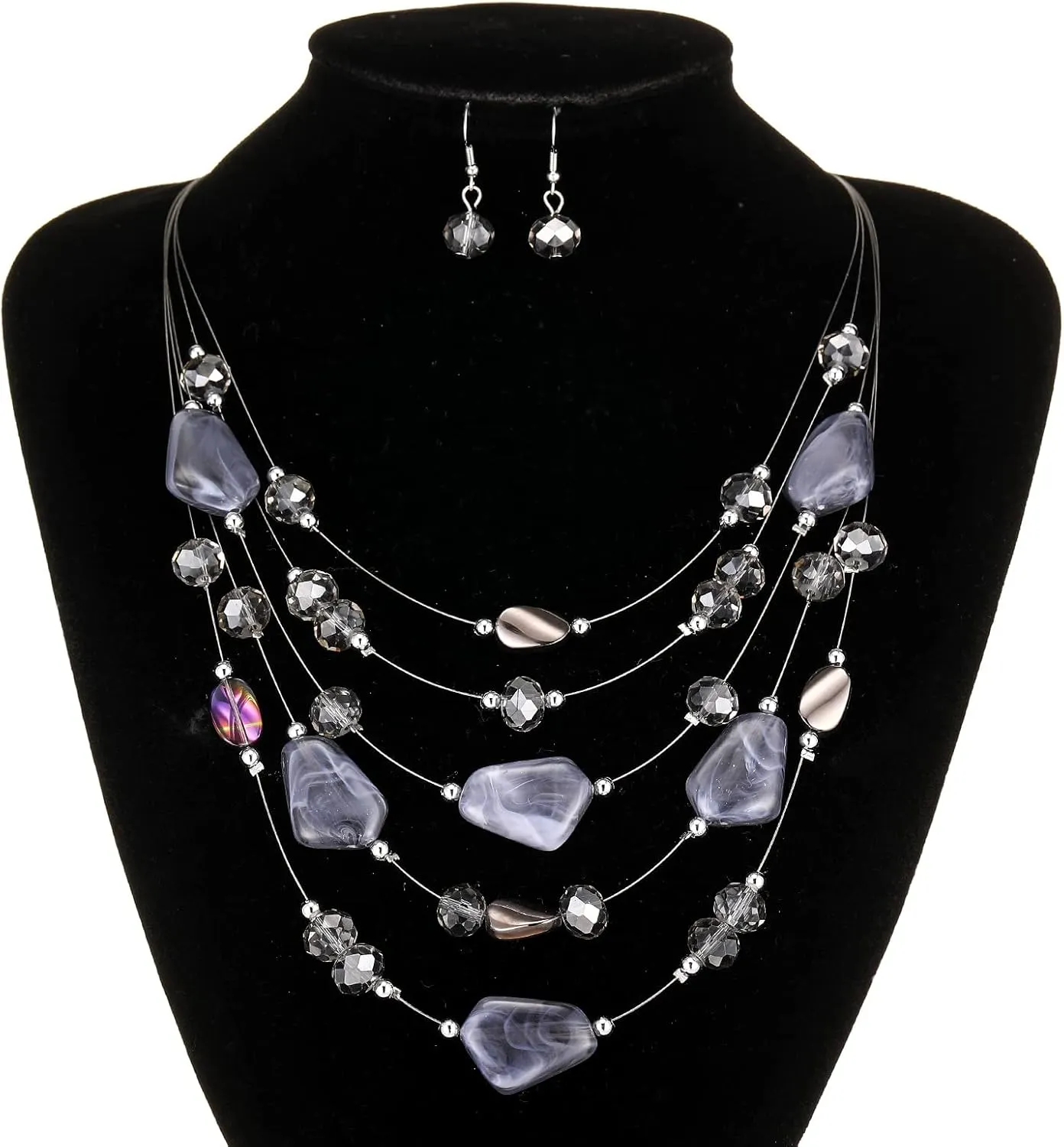 Layered Chunky Beaded Necklace for Women Colorful Multi-Layer Statement Necklace and Earrings Set Gift for Her