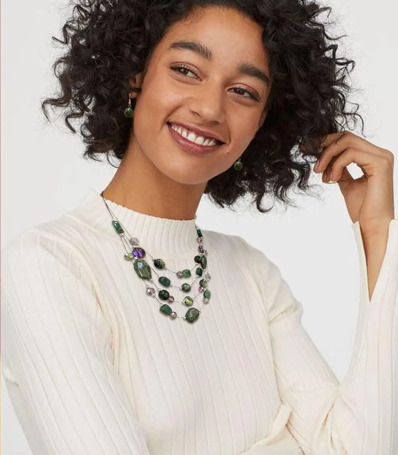 Layered Chunky Beaded Necklace for Women Colorful Multi-Layer Statement Necklace and Earrings Set Gift for Her