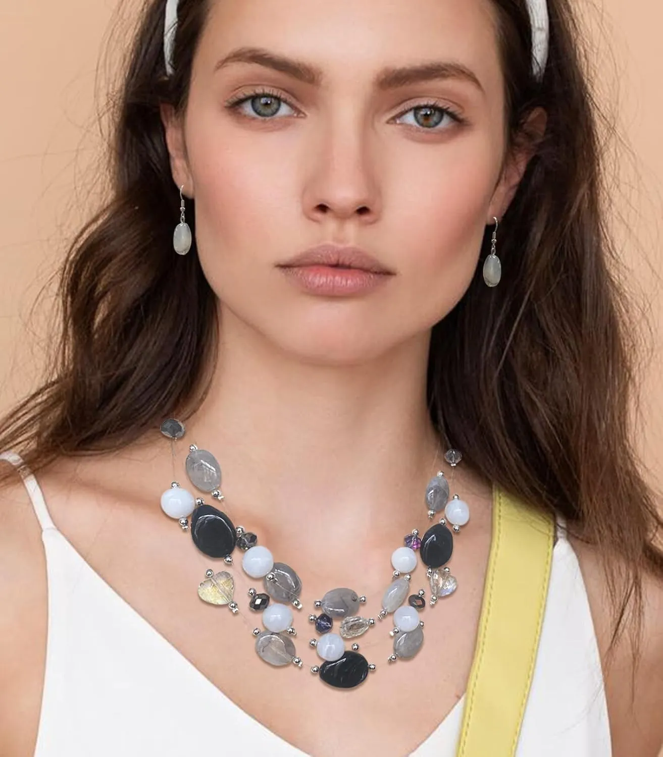 Layered Chunky Beaded Necklace for Women Colorful Multi-Layer Statement Necklace and Earrings Set Gift for Her