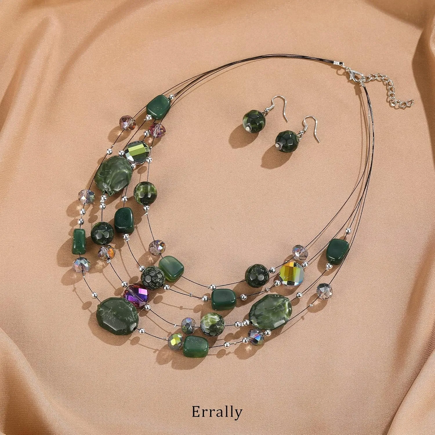 Layered Chunky Beaded Necklace for Women Colorful Multi-Layer Statement Necklace and Earrings Set Gift for Her