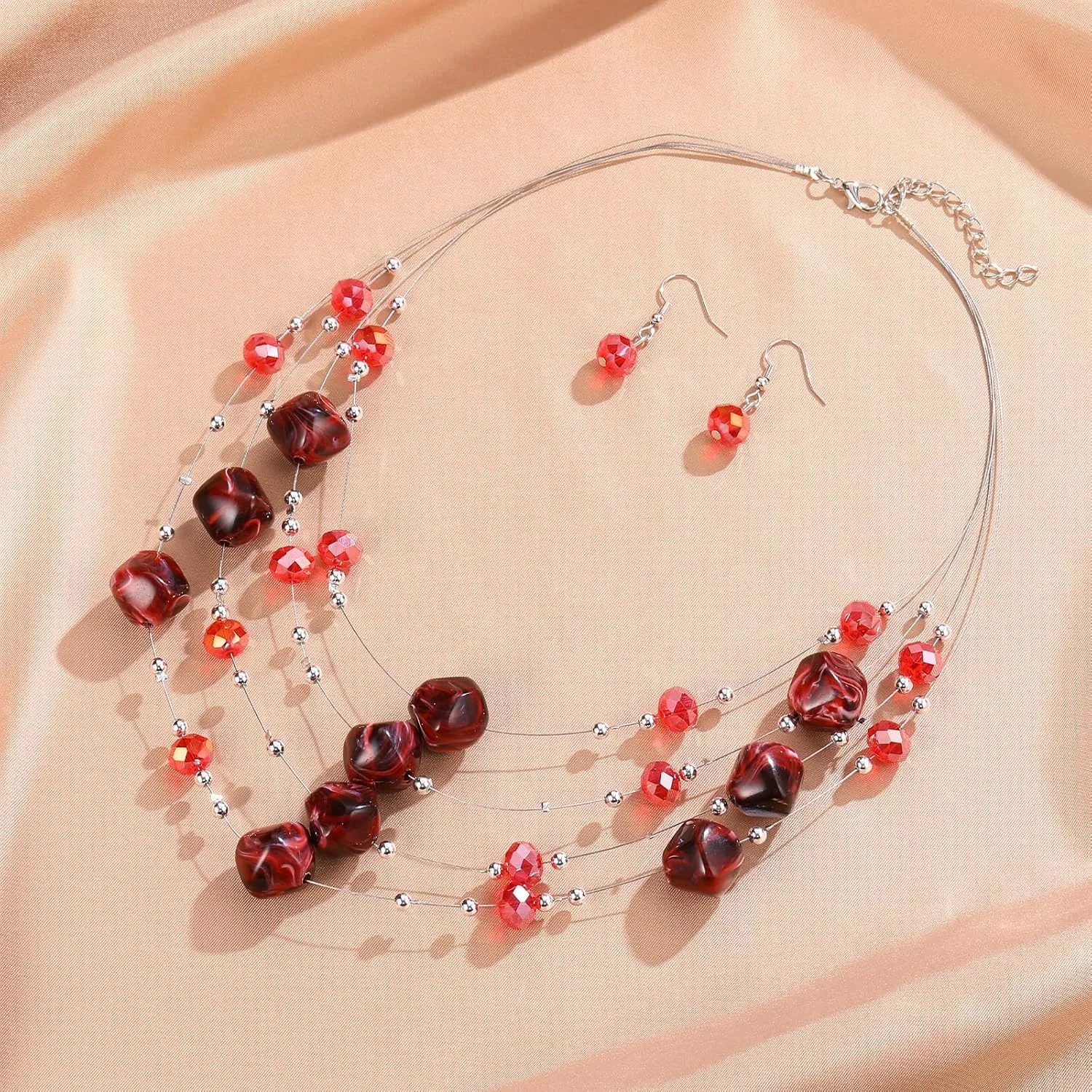 Layered Chunky Beaded Necklace for Women Colorful Multi-Layer Statement Necklace and Earrings Set Gift for Her