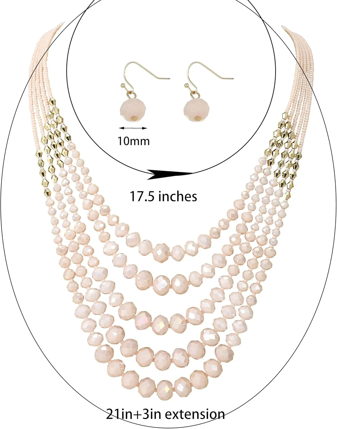 Layered Necklace for Women Trendy Colorful Boho Chunky Metal Crystal Beaded Necklace and Earrings Set Womens Dainty Statement Fashion Jewelry Set Costume Bead Strand Necklace Set Jewelry Gift