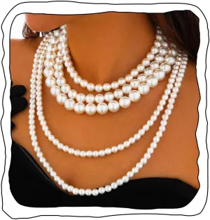 Layered Pearl Necklace for Women Long Pearls Necklaces Strand Pearl Necklace Statement Pearls Choker Vintage Costume Jewelry