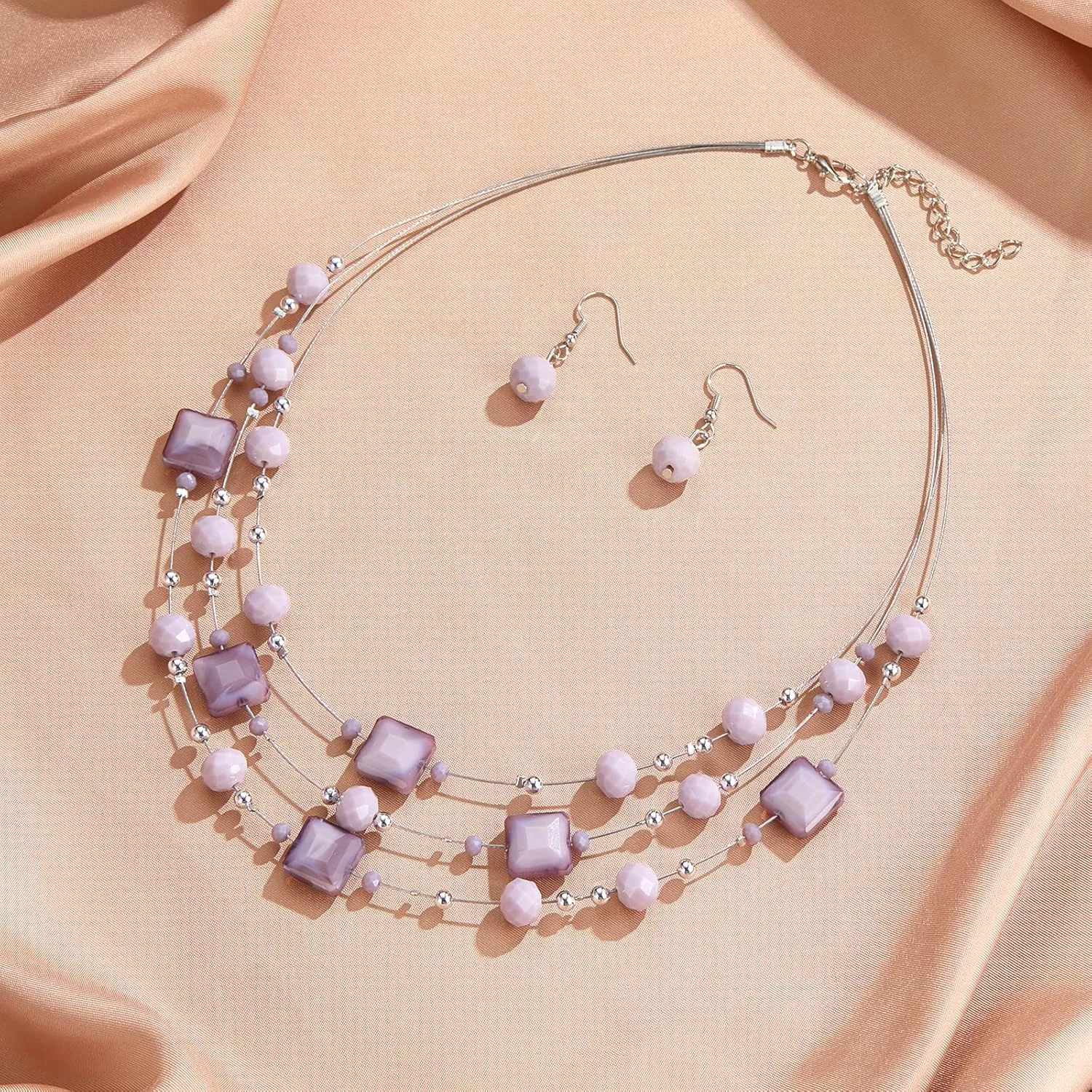 Layered Silver Beaded Necklace for Women Square Crystal Beads Statement Collar Necklace and Earrings Fashion Costumes Jewelry Sets for Women