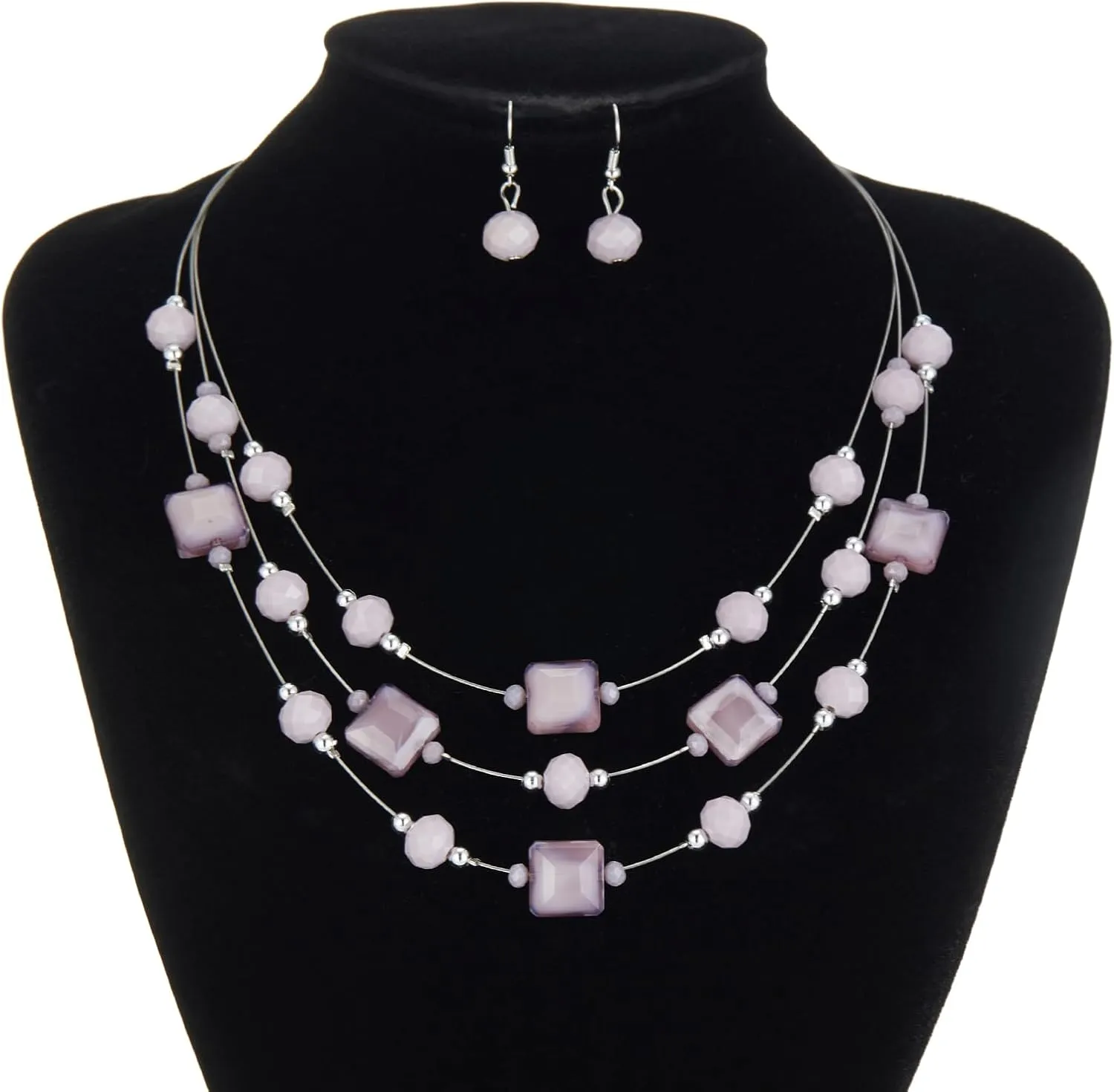 Layered Silver Beaded Necklace for Women Square Crystal Beads Statement Collar Necklace and Earrings Fashion Costumes Jewelry Sets for Women