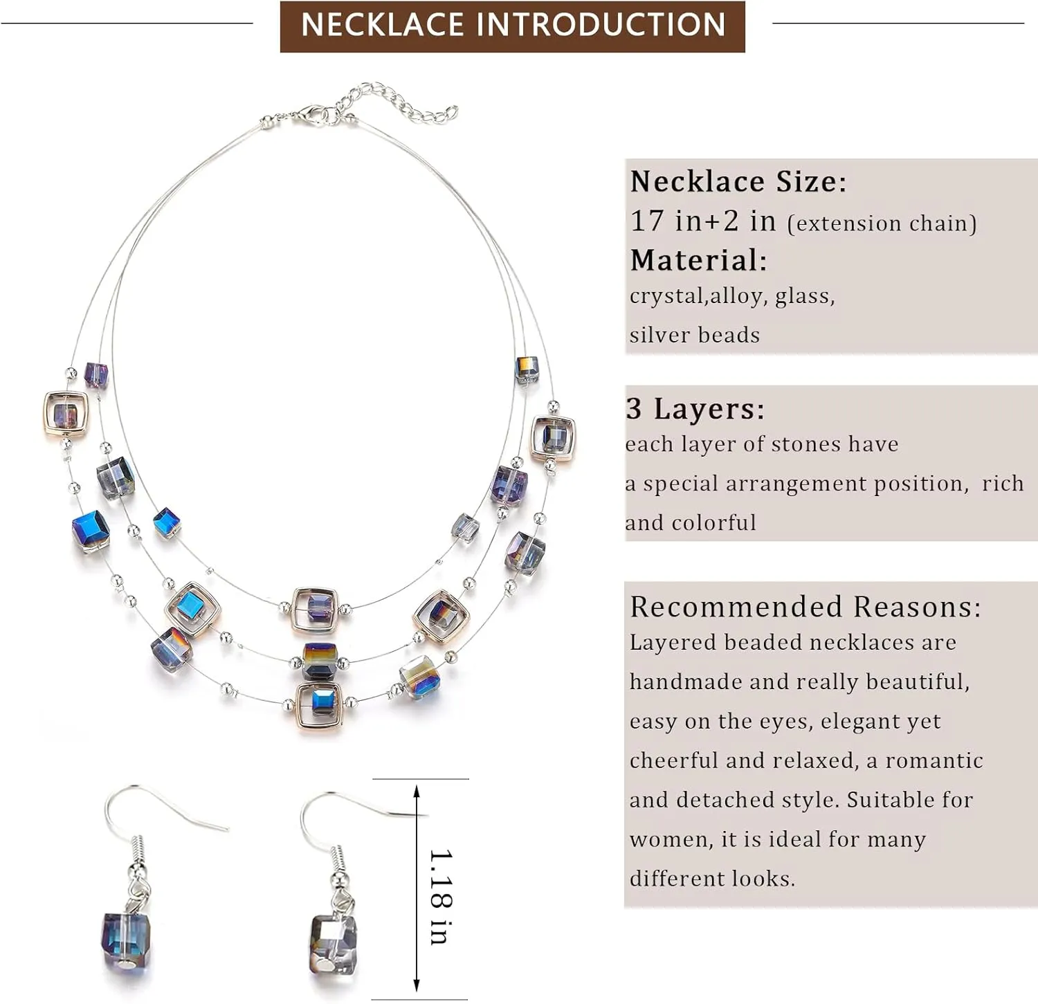 Layered Silver Beaded Necklace for Women Square Crystal Beads Statement Collar Necklace and Earrings Fashion Costumes Jewelry Sets for Women