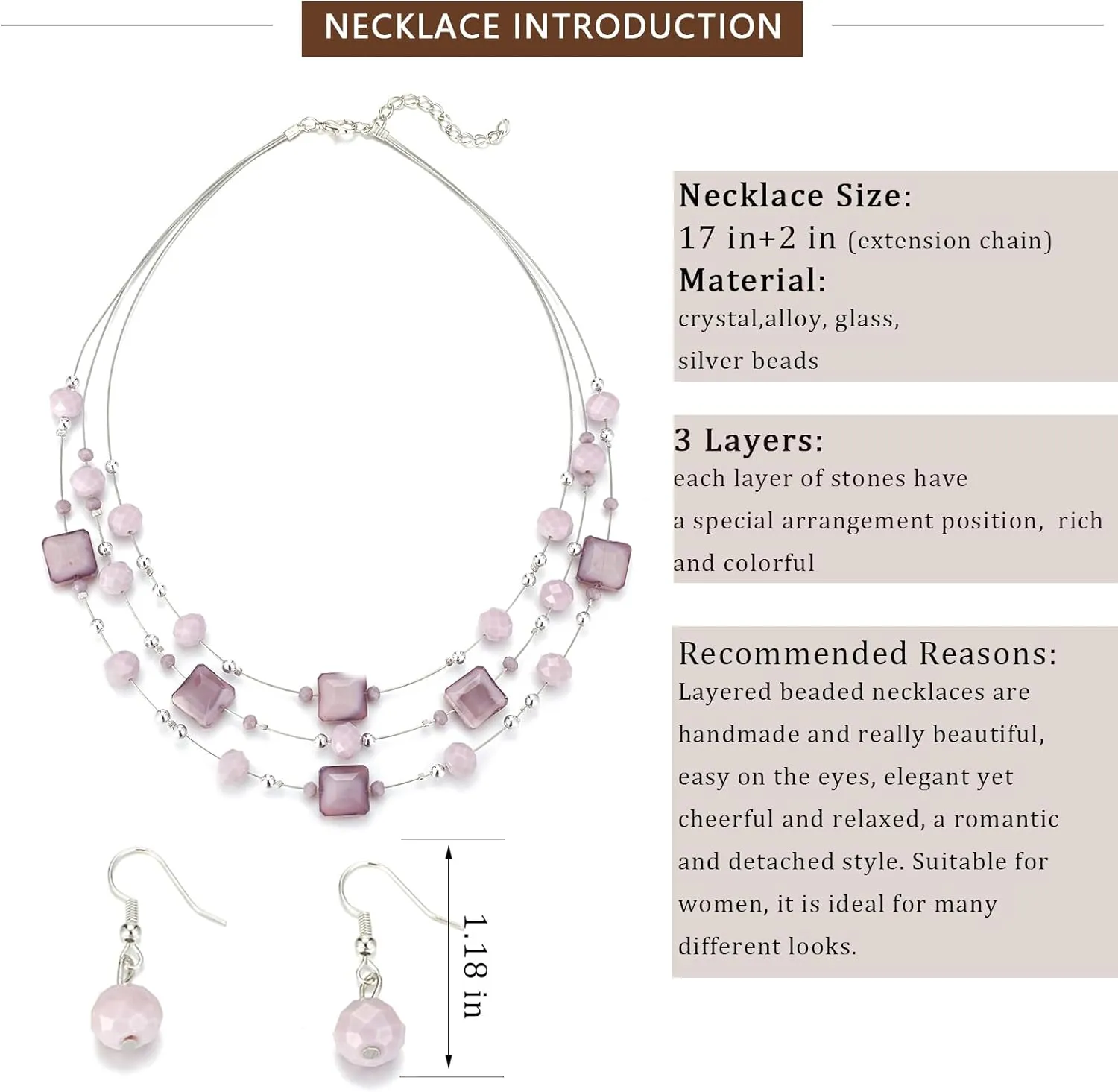 Layered Silver Beaded Necklace for Women Square Crystal Beads Statement Collar Necklace and Earrings Fashion Costumes Jewelry Sets for Women
