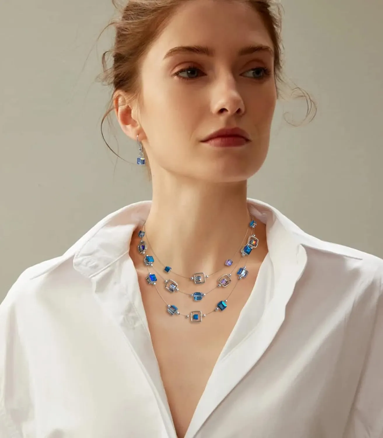 Layered Silver Beaded Necklace for Women Square Crystal Beads Statement Collar Necklace and Earrings Fashion Costumes Jewelry Sets for Women