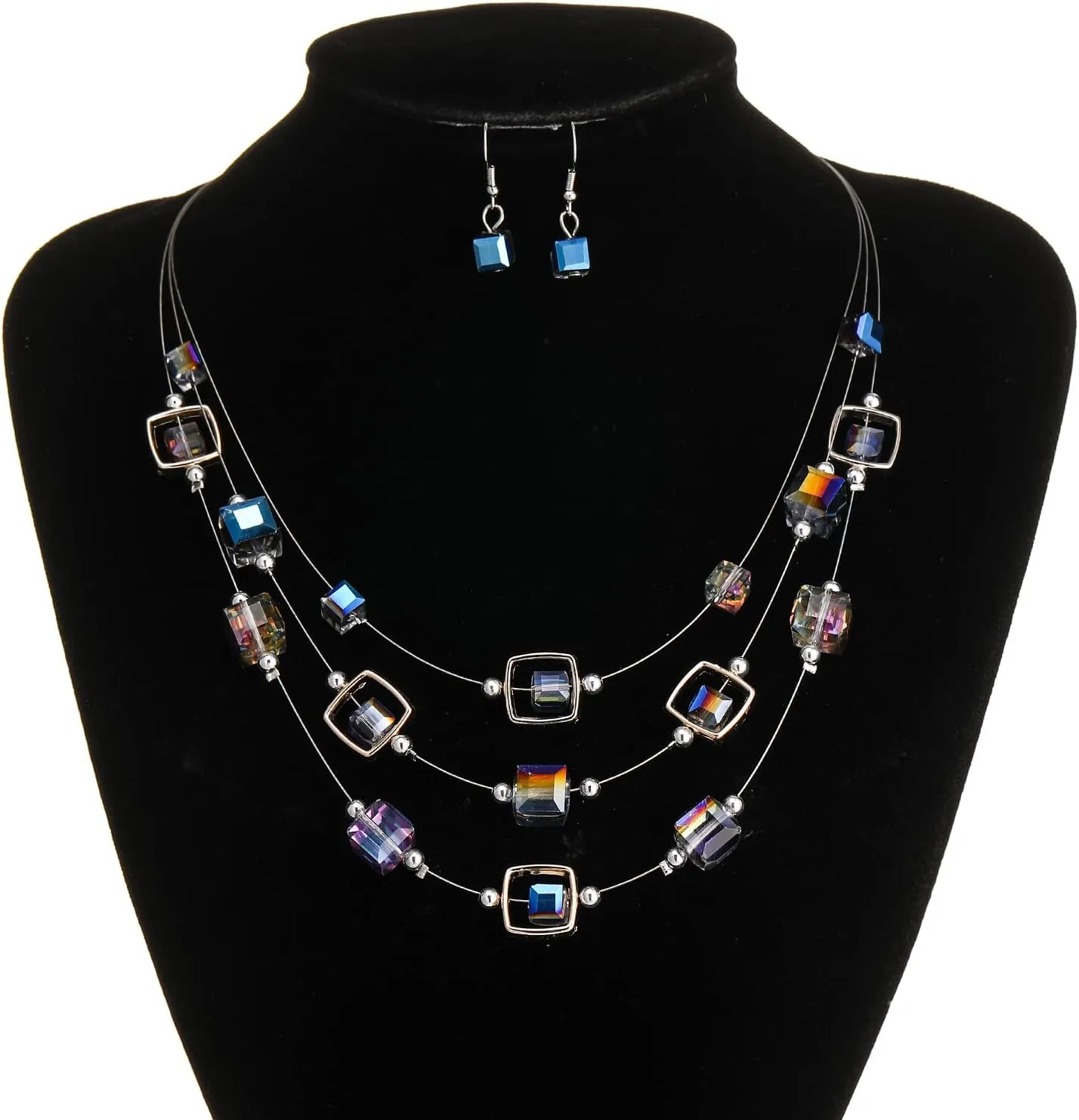 Layered Silver Beaded Necklace for Women Square Crystal Beads Statement Collar Necklace and Earrings Fashion Costumes Jewelry Sets for Women