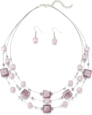 Layered Silver Beaded Necklace for Women Square Crystal Beads Statement Collar Necklace and Earrings Fashion Costumes Jewelry Sets for Women
