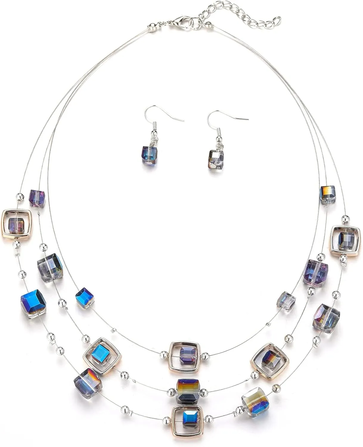 Layered Silver Beaded Necklace for Women Square Crystal Beads Statement Collar Necklace and Earrings Fashion Costumes Jewelry Sets for Women