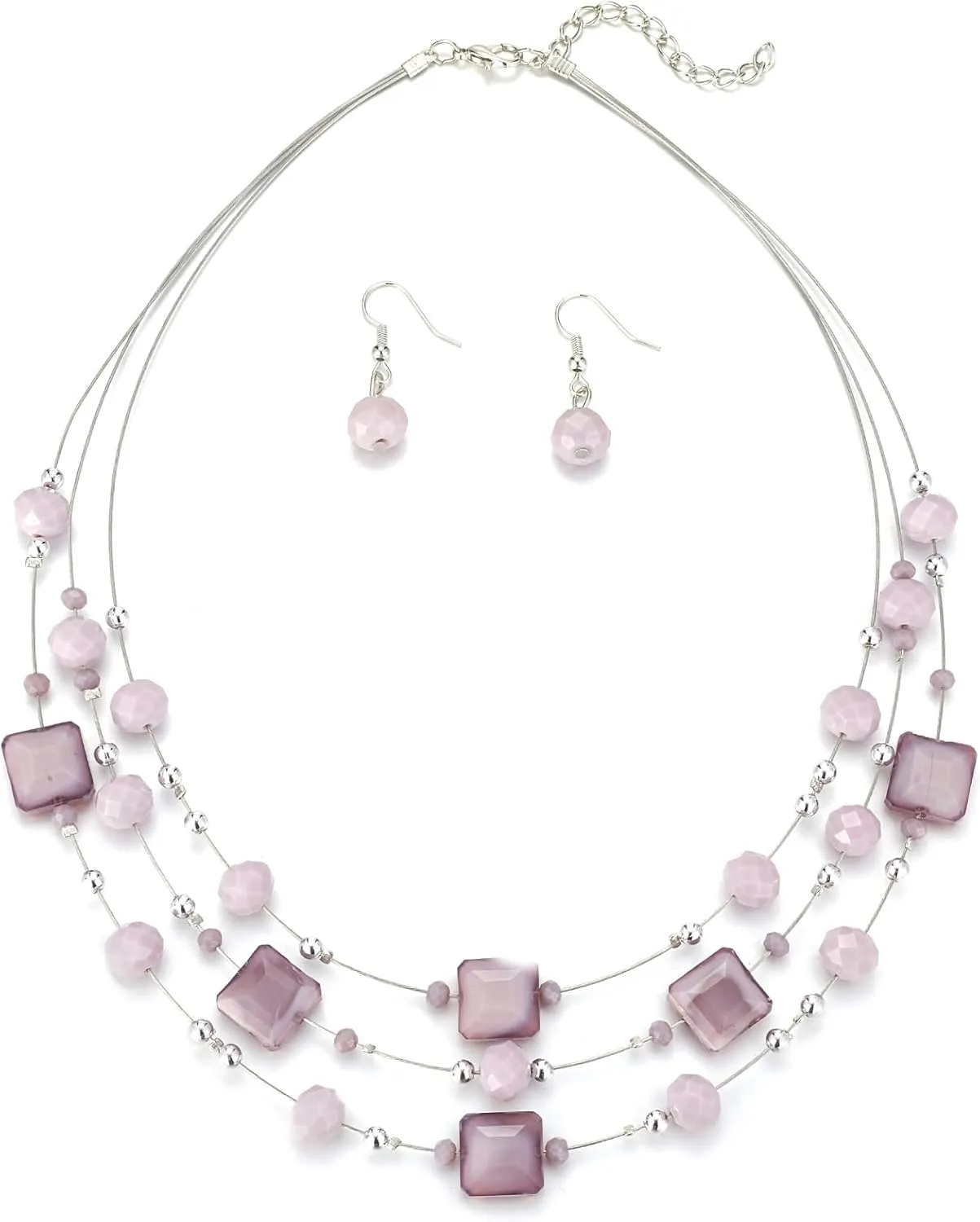 Layered Silver Beaded Necklace for Women Square Crystal Beads Statement Collar Necklace and Earrings Fashion Costumes Jewelry Sets for Women