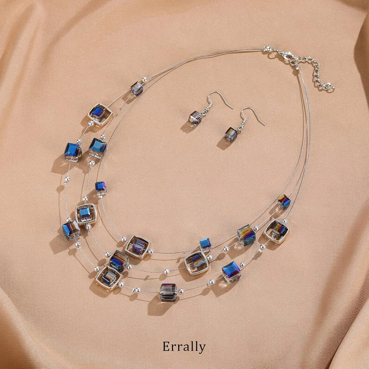 Layered Silver Beaded Necklace for Women Square Crystal Beads Statement Collar Necklace and Earrings Fashion Costumes Jewelry Sets for Women