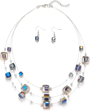 Layered Silver Beaded Necklace for Women Square Crystal Beads Statement Collar Necklace and Earrings Fashion Costumes Jewelry Sets for Women
