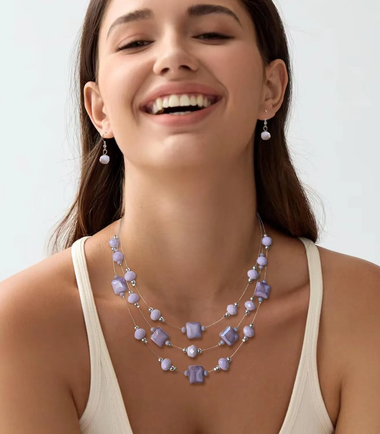 Layered Silver Beaded Necklace for Women Square Crystal Beads Statement Collar Necklace and Earrings Fashion Costumes Jewelry Sets for Women