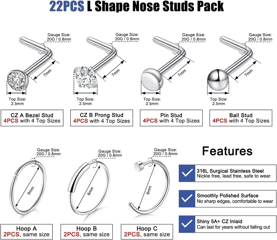 Ldurian 22PCS Nose Rings Studs | Nostril Piercing Jewelry Titanium Nose Stud Ring | Surgical Steel Nose Piercing Kit Jewelry | L Shape 18G 20G Nose Studs Set
