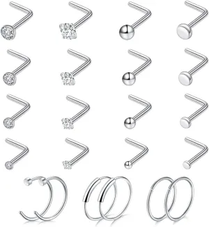 Ldurian 22PCS Nose Rings Studs | Nostril Piercing Jewelry Titanium Nose Stud Ring | Surgical Steel Nose Piercing Kit Jewelry | L Shape 18G 20G Nose Studs Set