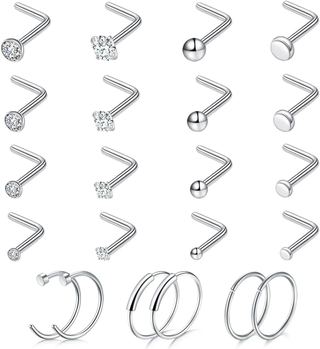 Ldurian 22PCS Nose Rings Studs | Nostril Piercing Jewelry Titanium Nose Stud Ring | Surgical Steel Nose Piercing Kit Jewelry | L Shape 18G 20G Nose Studs Set
