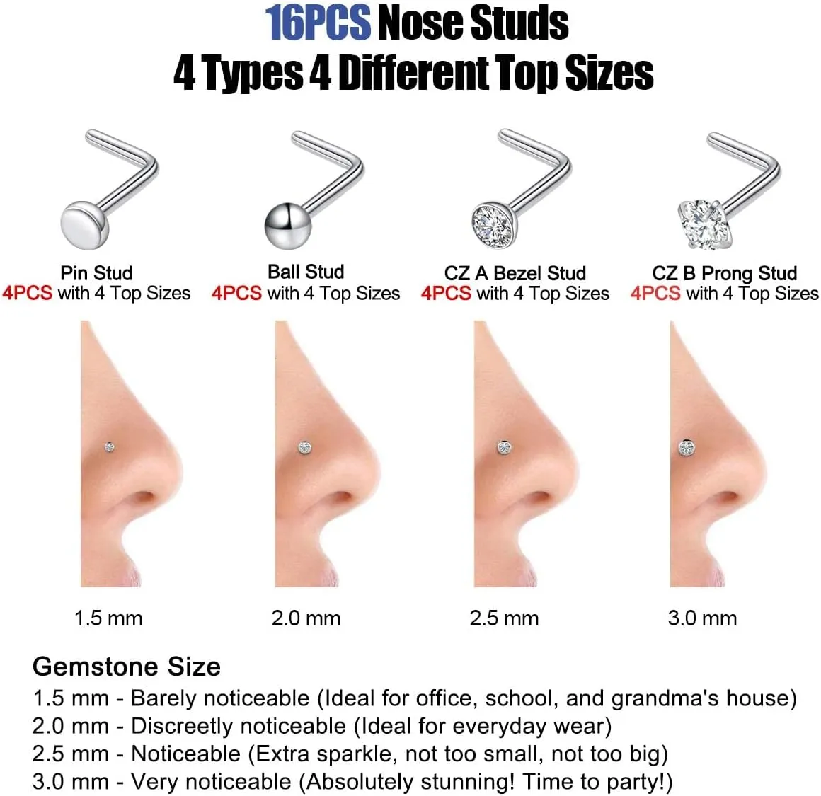 Ldurian 22PCS Nose Rings Studs | Nostril Piercing Jewelry Titanium Nose Stud Ring | Surgical Steel Nose Piercing Kit Jewelry | L Shape 18G 20G Nose Studs Set