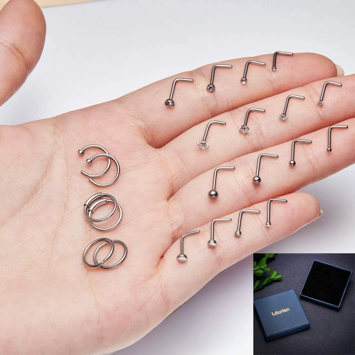 Ldurian 22PCS Nose Rings Studs | Nostril Piercing Jewelry Titanium Nose Stud Ring | Surgical Steel Nose Piercing Kit Jewelry | L Shape 18G 20G Nose Studs Set