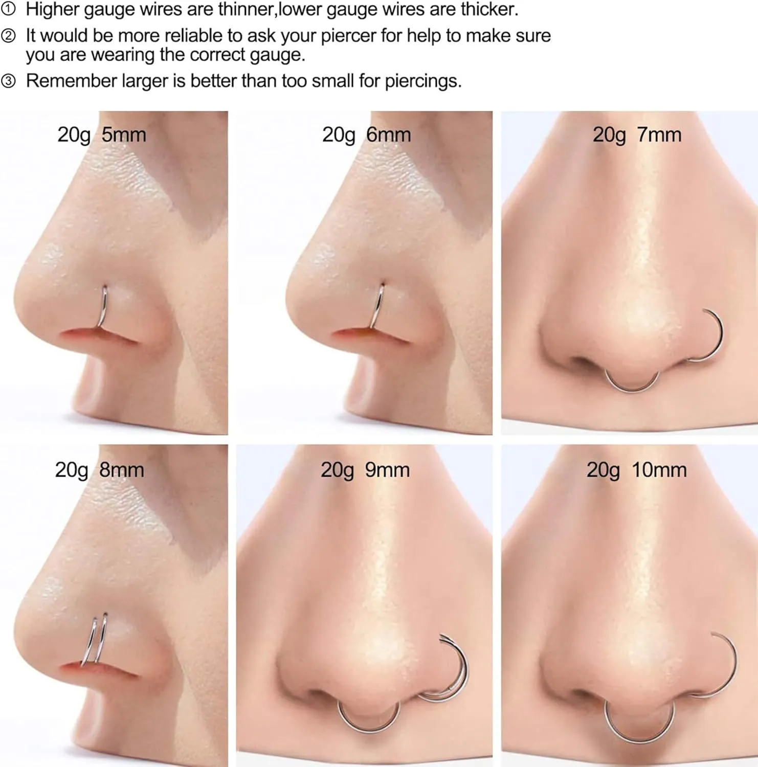 Ldurian Nose Rings for Women, Gold Hypoallergenic Nose Ring Hoop, 316L Surgical Steel Septum Cartilage Earring, 20G 18G 16G 14 Guage Diameter 5mm to 16mm Body Piercing Lip Jewelry