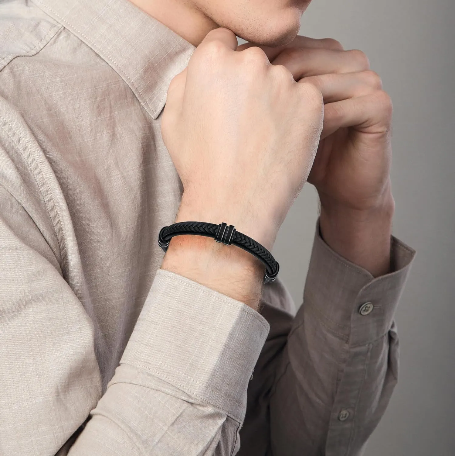 Leather Bracelet for Men with Adjustable Stainless Steel Magnetic Clasp Multi-Layer Braided Mens Leather Bracelet
