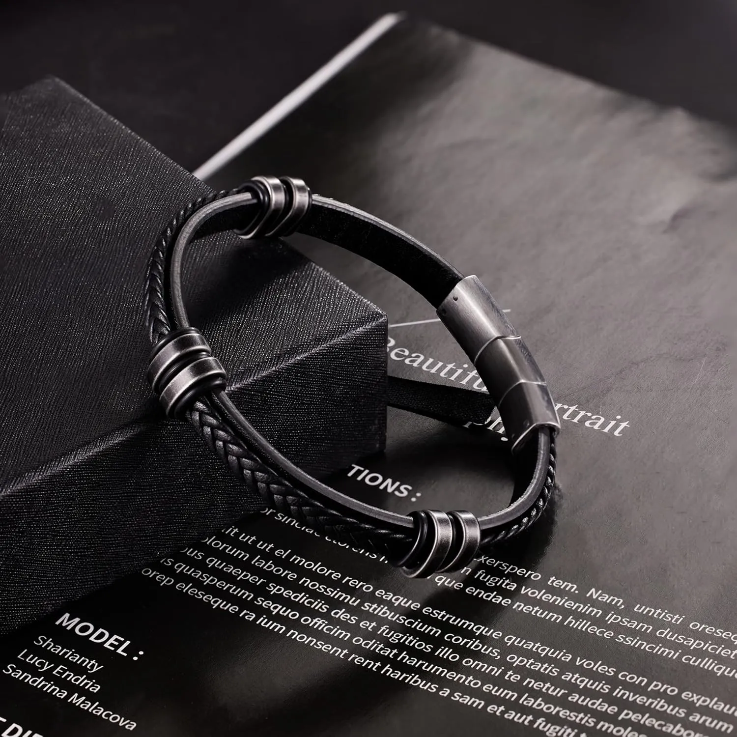 Leather Bracelet for Men with Adjustable Stainless Steel Magnetic Clasp Multi-Layer Braided Mens Leather Bracelet