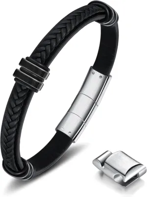 Leather Bracelet for Men with Adjustable Stainless Steel Magnetic Clasp Multi-Layer Braided Mens Leather Bracelet