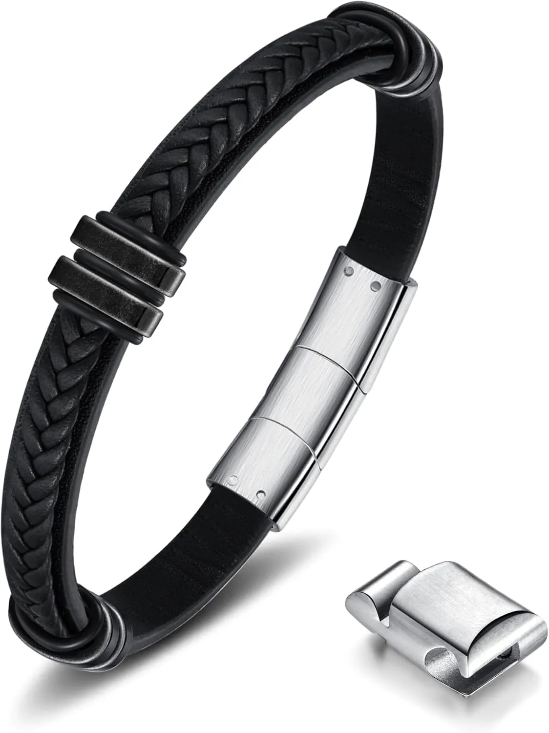 Leather Bracelet for Men with Adjustable Stainless Steel Magnetic Clasp Multi-Layer Braided Mens Leather Bracelet
