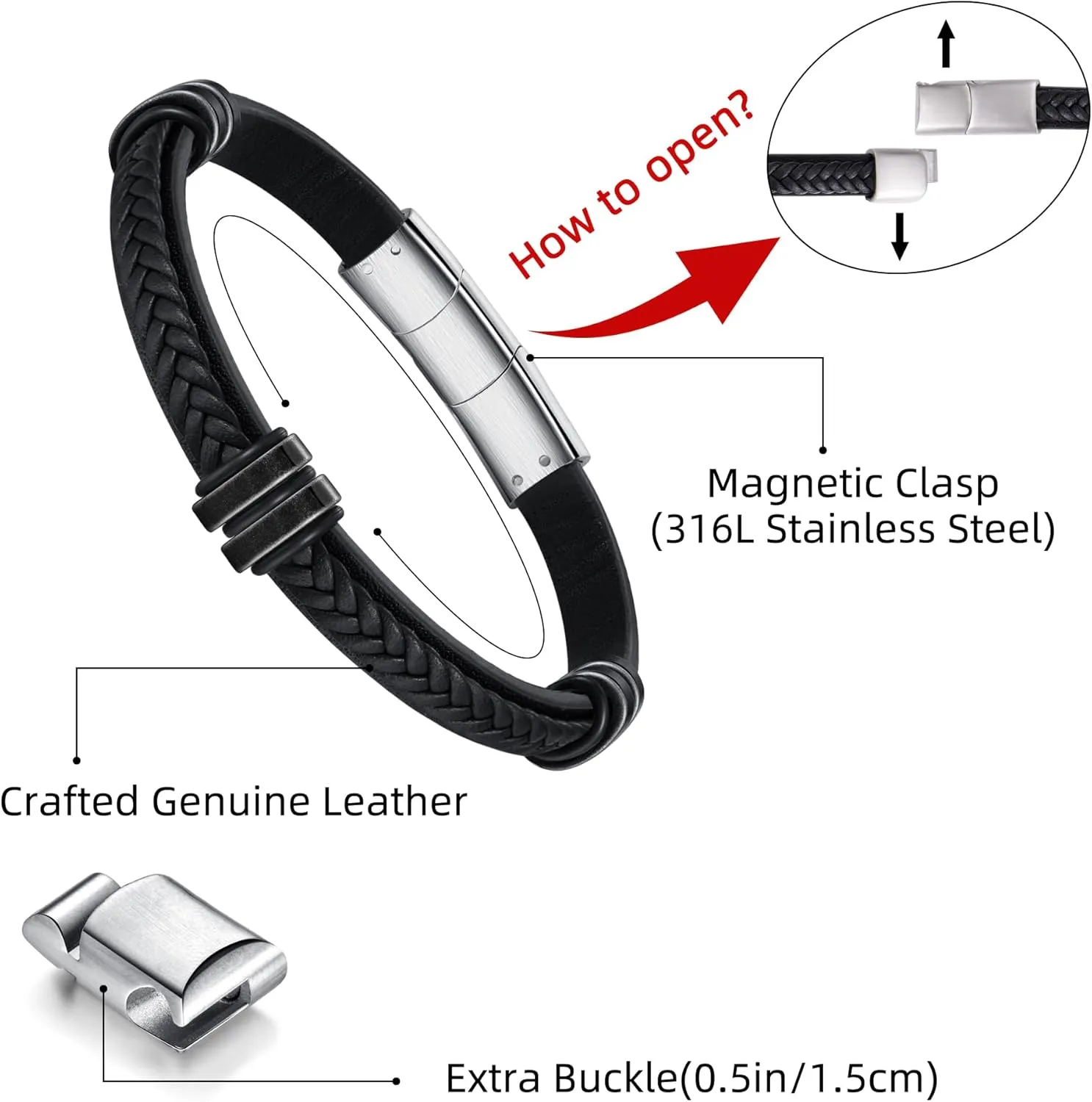 Leather Bracelet for Men with Adjustable Stainless Steel Magnetic Clasp Multi-Layer Braided Mens Leather Bracelet