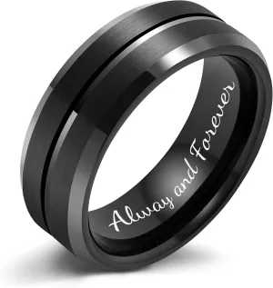 LerchPhi Tungsten Wedding Band for Men, Engraved and Customizable Promise Rings for Him and Her, Width 6MM 8MM Size 6-14, Center Grooved Beveled Edge, Comfort Fit