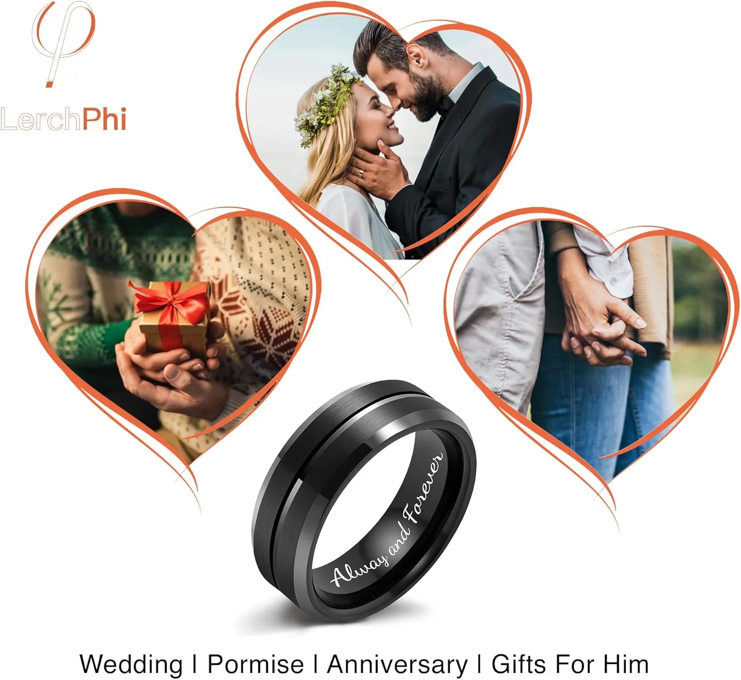 LerchPhi Tungsten Wedding Band for Men, Engraved and Customizable Promise Rings for Him and Her, Width 6MM 8MM Size 6-14, Center Grooved Beveled Edge, Comfort Fit