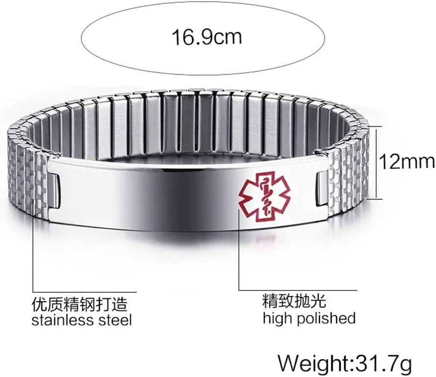LF Free Engraving Mens Womens Stainless Steel Medical Alert Expandable Bracelets Health Alert ID Tag Adjustable Bracelet Bangle Sos Emergency Personalized Customised