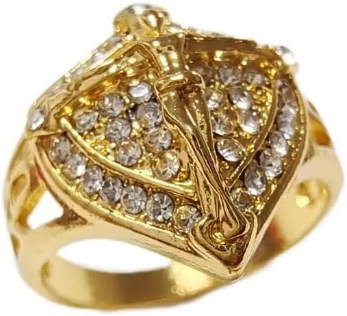 LIOYSIUT 14K Gold Plated Cross Shield Ring Christian Jesus Cross Ring for Men Religious Amulet Ring, Christian Catholic Ring Jewelry for Men, Unique Gifts for Men Size 13