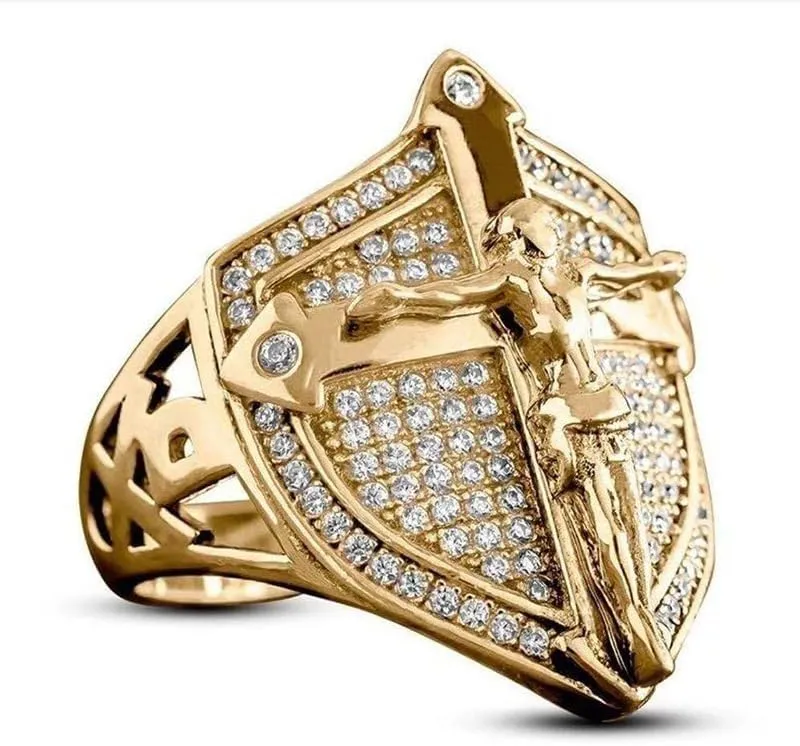 LIOYSIUT 14K Gold Plated Cross Shield Ring Christian Jesus Cross Ring for Men Religious Amulet Ring, Christian Catholic Ring Jewelry for Men, Unique Gifts for Men Size 13