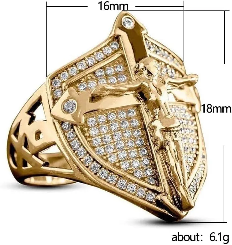 LIOYSIUT 14K Gold Plated Cross Shield Ring Christian Jesus Cross Ring for Men Religious Amulet Ring, Christian Catholic Ring Jewelry for Men, Unique Gifts for Men Size 13
