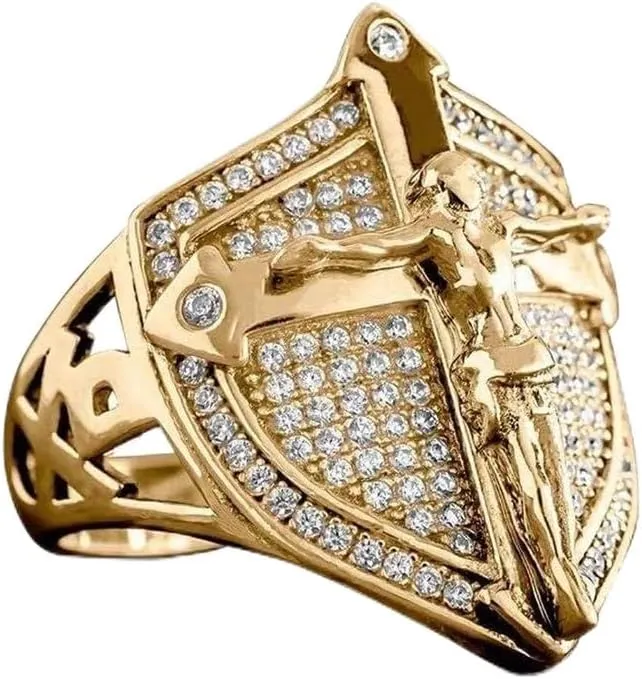 LIOYSIUT 14K Gold Plated Cross Shield Ring Christian Jesus Cross Ring for Men Religious Amulet Ring, Christian Catholic Ring Jewelry for Men, Unique Gifts for Men Size 13