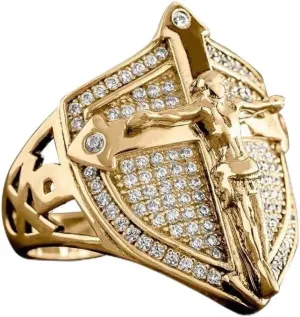 LIOYSIUT 14K Gold Plated Cross Shield Ring Christian Jesus Cross Ring for Men Religious Amulet Ring, Christian Catholic Ring Jewelry for Men, Unique Gifts for Men Size 13