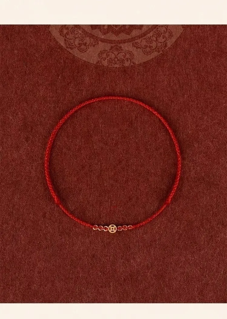 LIOYSIUT 14K Gold Plated Woven Red Rope Coin Hand Strand Bracelet Adjustable Lucky String Amulet Red Thread Braided Bracelet for Women Women Protection Lucky Jewelry Dark Red