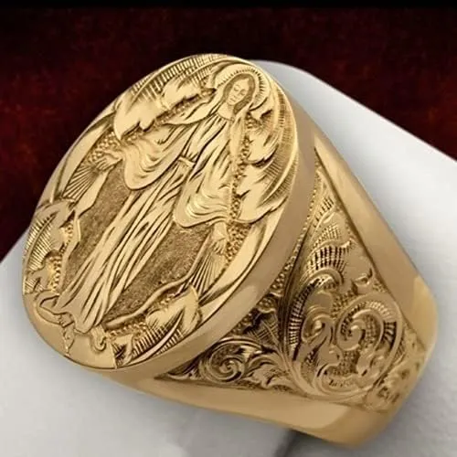 LIOYSIUT Mens Womens Silver Ring 18K Gold Plated Engraved Signet Ring Virgin Mary Bible Verse Prayer Rings Christian High Polished Stackable Plate Knuckle of Religious Gifts Jewelry Size 11