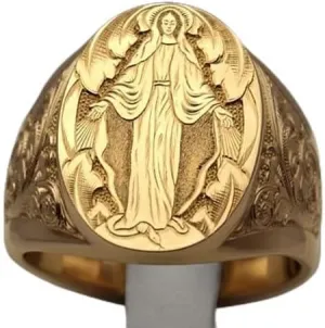 LIOYSIUT Mens Womens Silver Ring 18K Gold Plated Engraved Signet Ring Virgin Mary Bible Verse Prayer Rings Christian High Polished Stackable Plate Knuckle of Religious Gifts Jewelry Size 11
