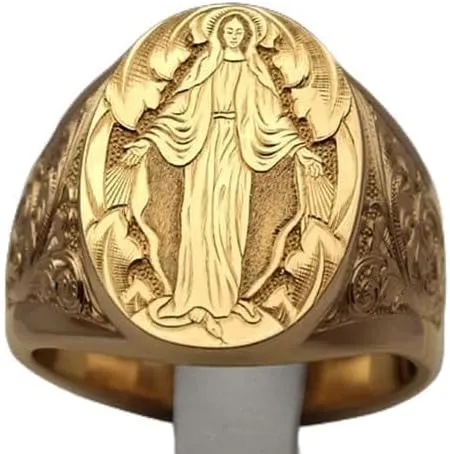 LIOYSIUT Mens Womens Silver Ring 18K Gold Plated Engraved Signet Ring Virgin Mary Bible Verse Prayer Rings Christian High Polished Stackable Plate Knuckle of Religious Gifts Jewelry Size 11