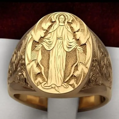 LIOYSIUT Mens Womens Silver Ring 18K Gold Plated Engraved Signet Ring Virgin Mary Bible Verse Prayer Rings Christian High Polished Stackable Plate Knuckle of Religious Gifts Jewelry Size 11