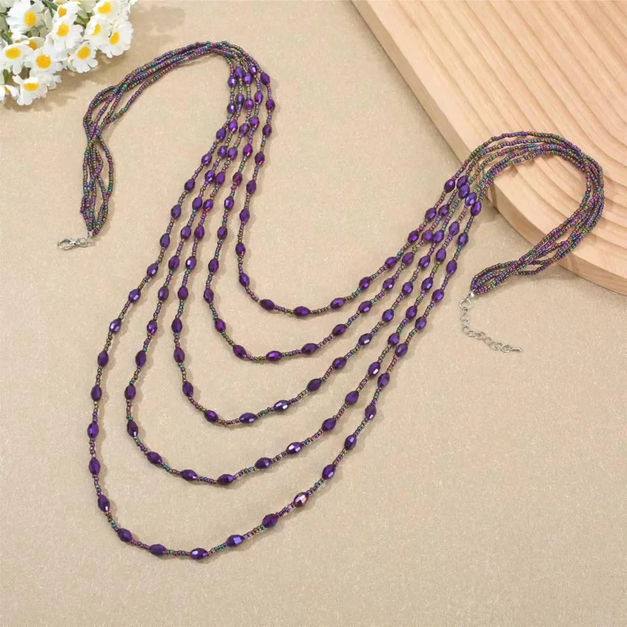 Long Layered Necklace for Women Trendy Colorful Boho Chunky Crystal Beaded Jewelry Womens Dainty Statement Fashion Necklaces Costume Bead Strand Necklace