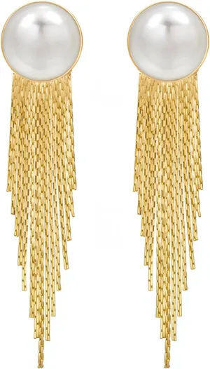 Long Tassel Pearl Stud Earrings for Women, Dainty gold waterfall earrings, Gold Plated Long Dangle Drop Earrings, Pearl Sleek Metal Chain Tassel Retro Earrings Jewelry Gifts