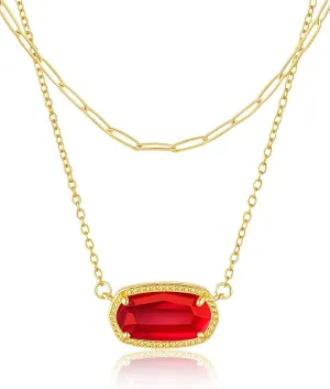 Lourny Gemstone Crystal Pendant Layered Necklace for Women Trendy, 18K Gold Plated Paperclip Chain Charm Necklaces Women Wife Jewelry